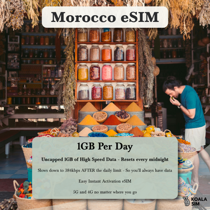Morocco eSIM advertisement with a market scene and colorful spices.